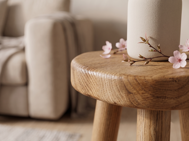 Pebble wooden stool 20*20 cm made of solid wood, round stool on 3 legs - natural oak