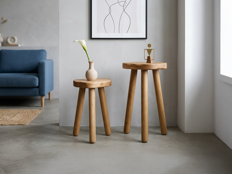 Pebble wooden stool 20*20 cm made of solid wood, round stool on 3 legs - natural oak