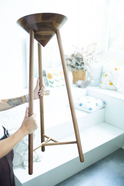 Handmade Black Oak Japandi Pedestal Table, Modern Farmhouse Plant Stand